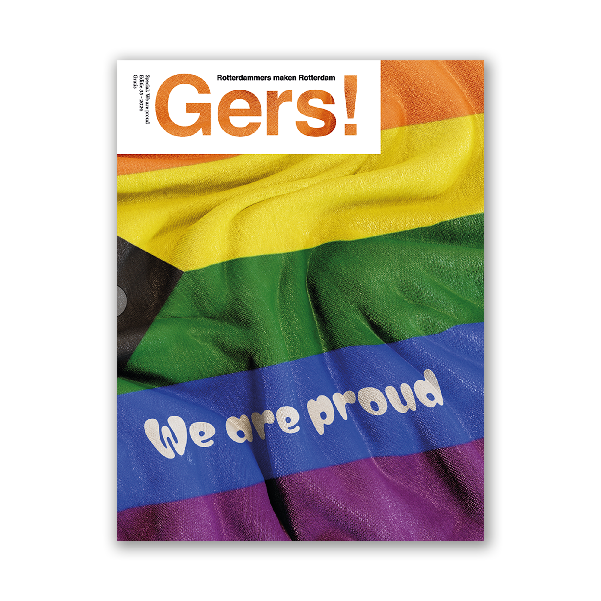 Afbeelding van Gers! magazine editie 35 met een cover die de regenboogvlag toont.