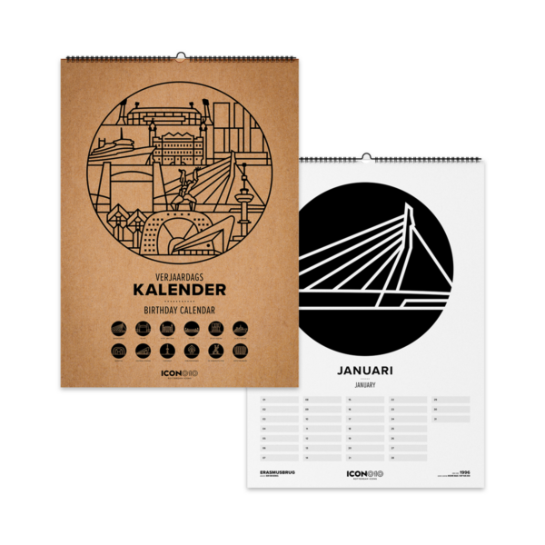 Afbeelding  Verjaardagskalender XL ICON010 met een illustratie van verschillende Rotterdamse iconen