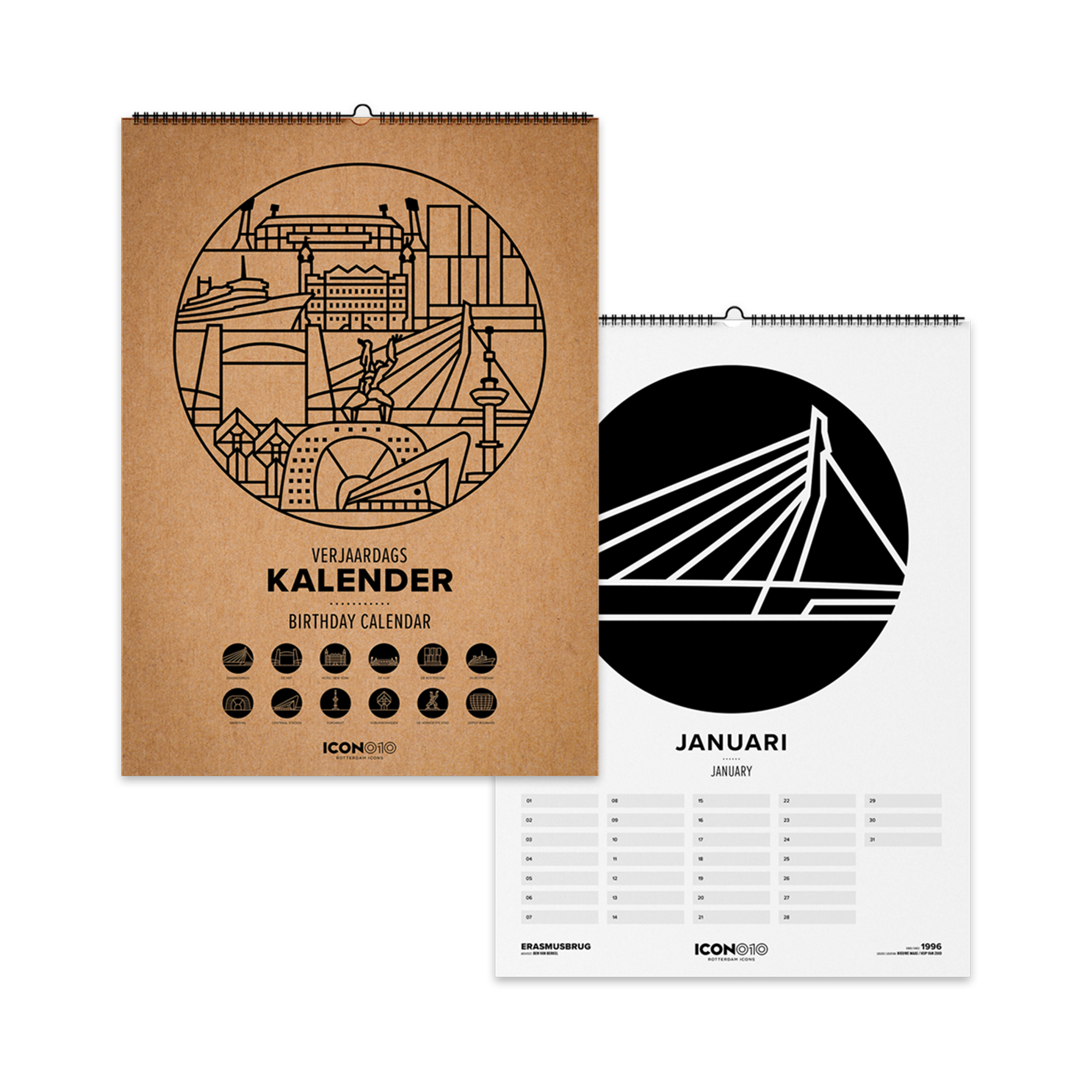 Afbeelding  Verjaardagskalender XL ICON010 met een illustratie van verschillende Rotterdamse iconen