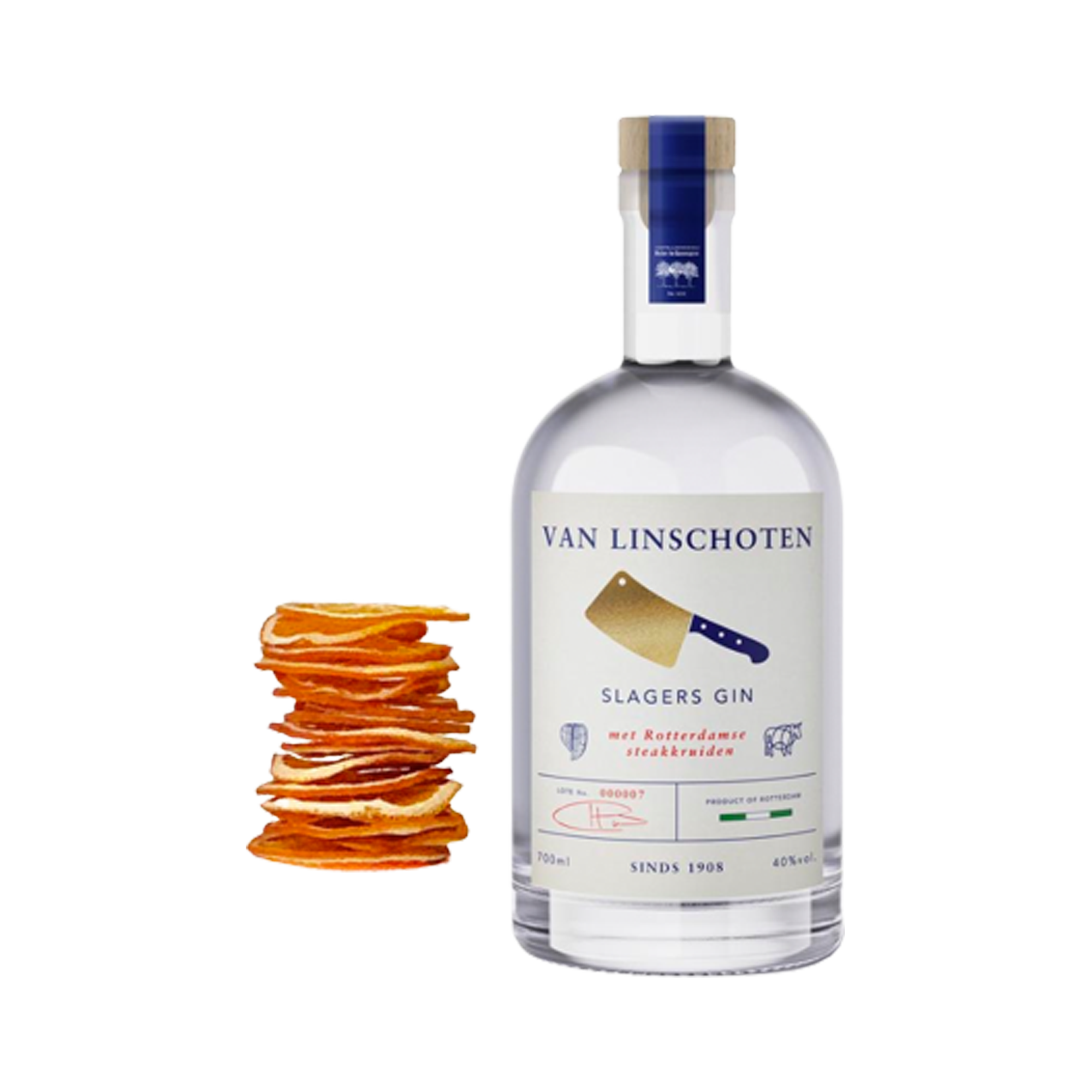 Afbeelding Van Linschoten Slagersgin en gedroogde sinasappelschijfjes die als garnituur dienen