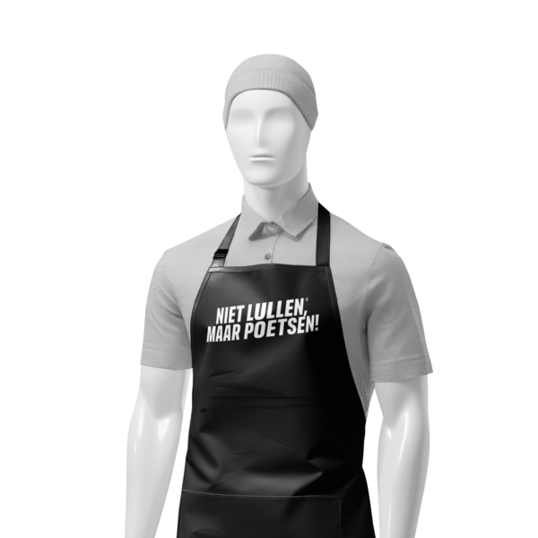 Afbeelding van schort met tekst "niet lullen, maar poetsen"
