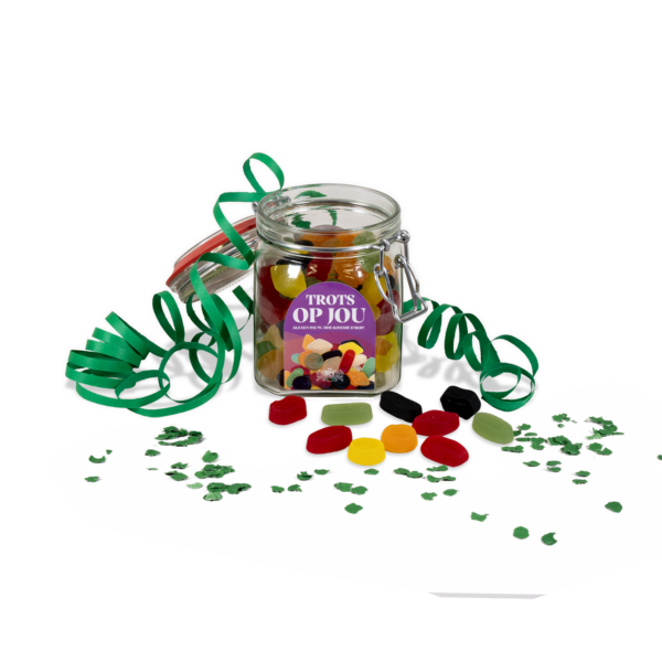 Afbeelding van een weckpot "Trots op jou"