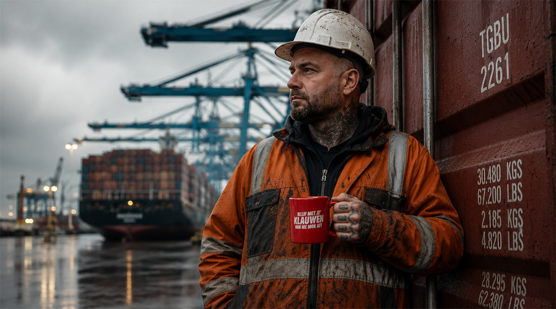Afbeelding van havenarbeider met de mok "Blijf met je klauwen van me mok af" in zijn handen