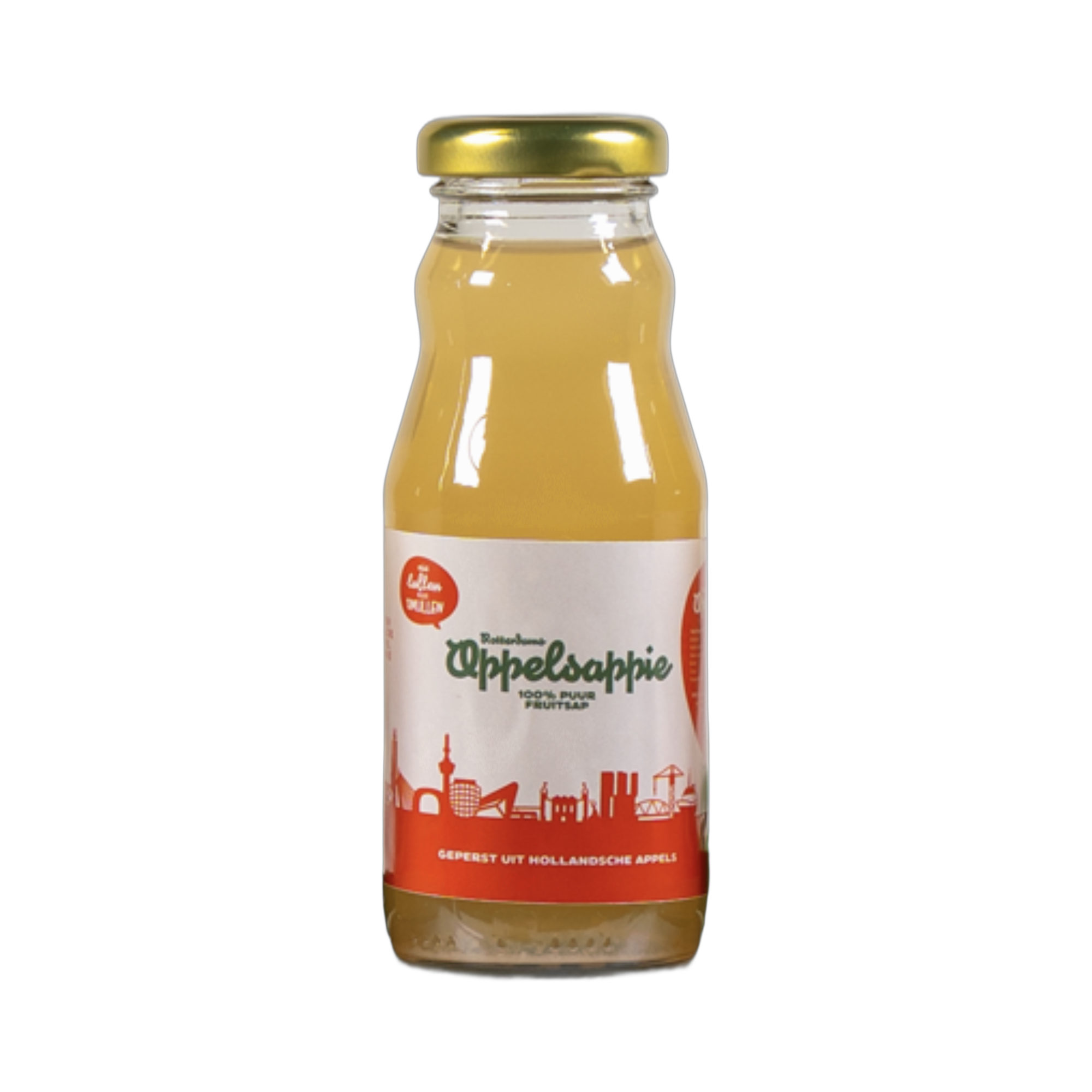Flesje Rotterdams Appelsappie met Rotterdamse skyline op het etiket