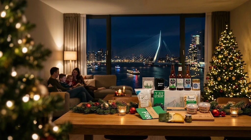Kerstpakket met Rotterdamse producten op tafel, met uitzicht op de Erasmusbrug